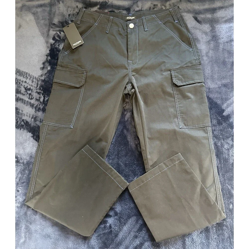 True Religion Cargo Pants Straight Leg Jet Black Blue Stitches Men's 30x33 NWT